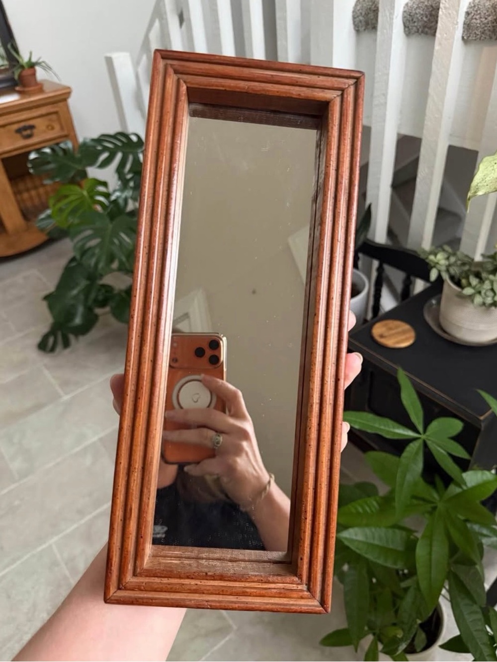 Vintage Oak Wood-Framed Rectangular Accent Wall Mirror in Warm Brown